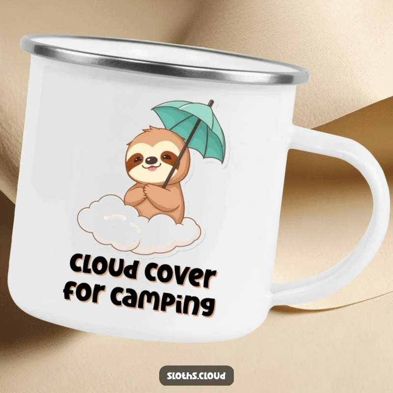Funny sloth holding a tiny umbrella on a drifting cloud in a camping setting, conveying quirky humor on a sturdy camping mug.