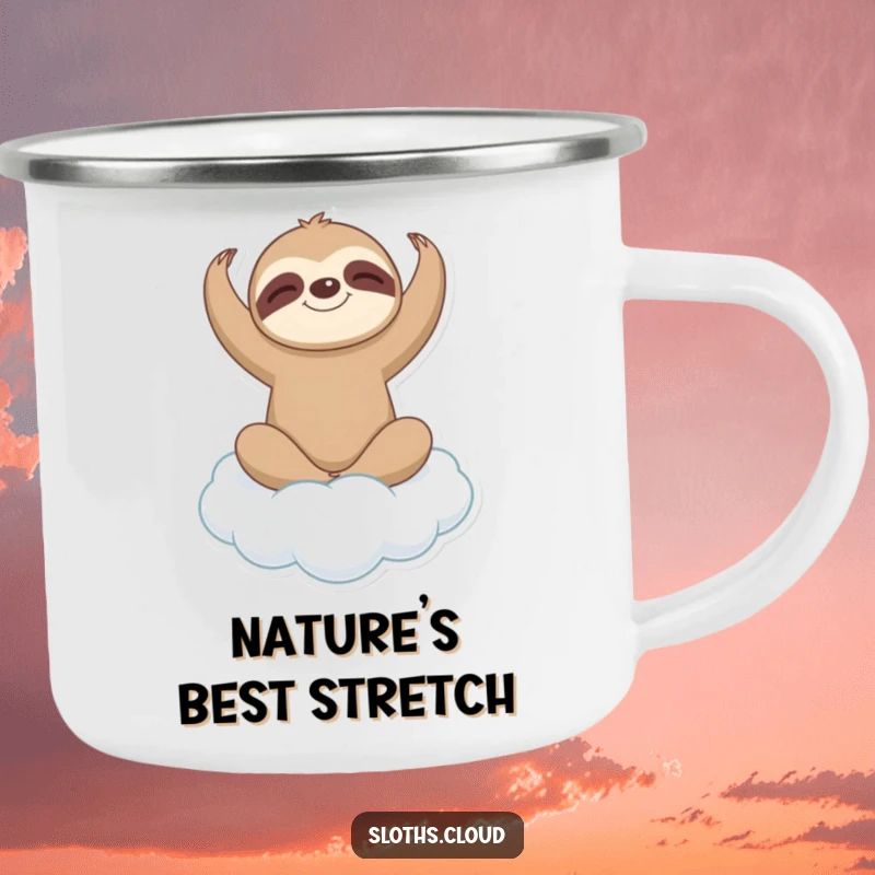 Funny sloth in a gentle yoga pose on a cloud in a camping setting, conveying zen and humor on a sturdy camping mug.