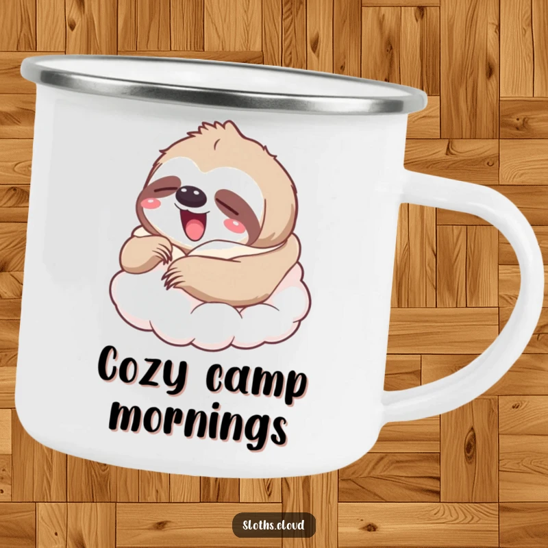 Funny camping mug with a yawning sloth wrapped in a cloud blanket, ideal funny gift for campers.