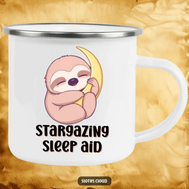 Funny camping mug featuring a sloth hugging a crescent moon, perfect for outdoor adventures with a peaceful and dreamy design.