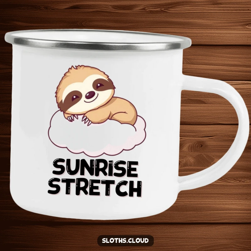 Funny camping mug featuring a smiling sloth stretching languidly on a cloud, perfect for outdoor relaxation and as a humorous gift.