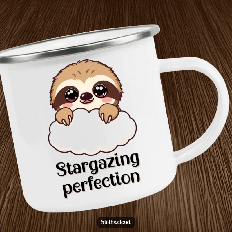 Funny kawaii sloth camping mug with a cute sloth peeking over a cloud, perfect for enjoying drinks outdoors.