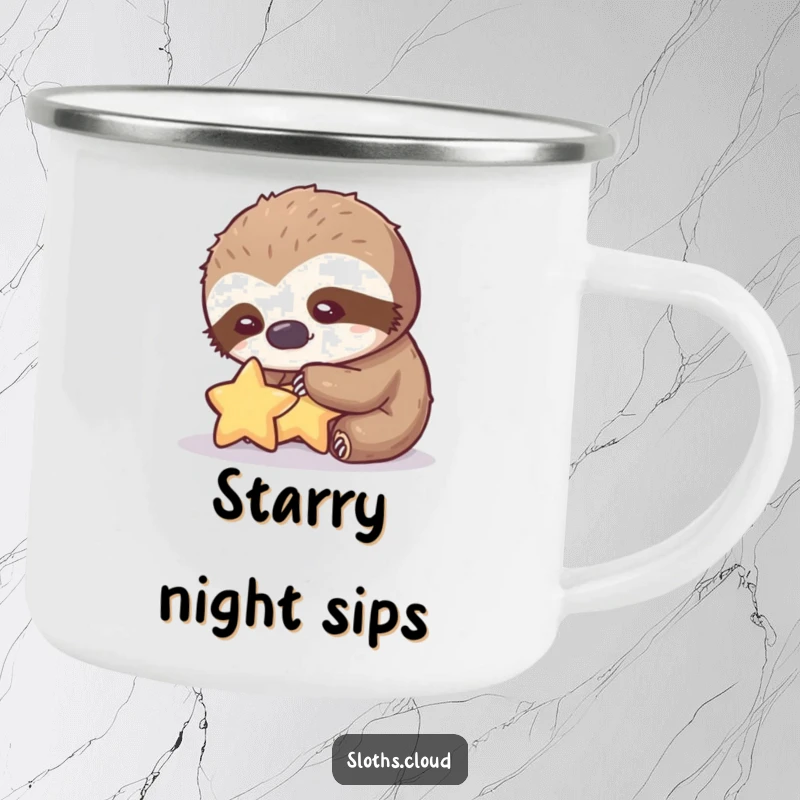 Funny camping mug with a sloth gently petting a star, ideal funny gift for campers.