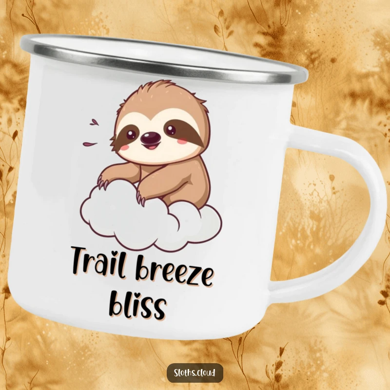 Funny kawaii sloth camping mug depicting a cute sloth enjoying a gentle breeze while resting on a cloud, perfect for outdoors.