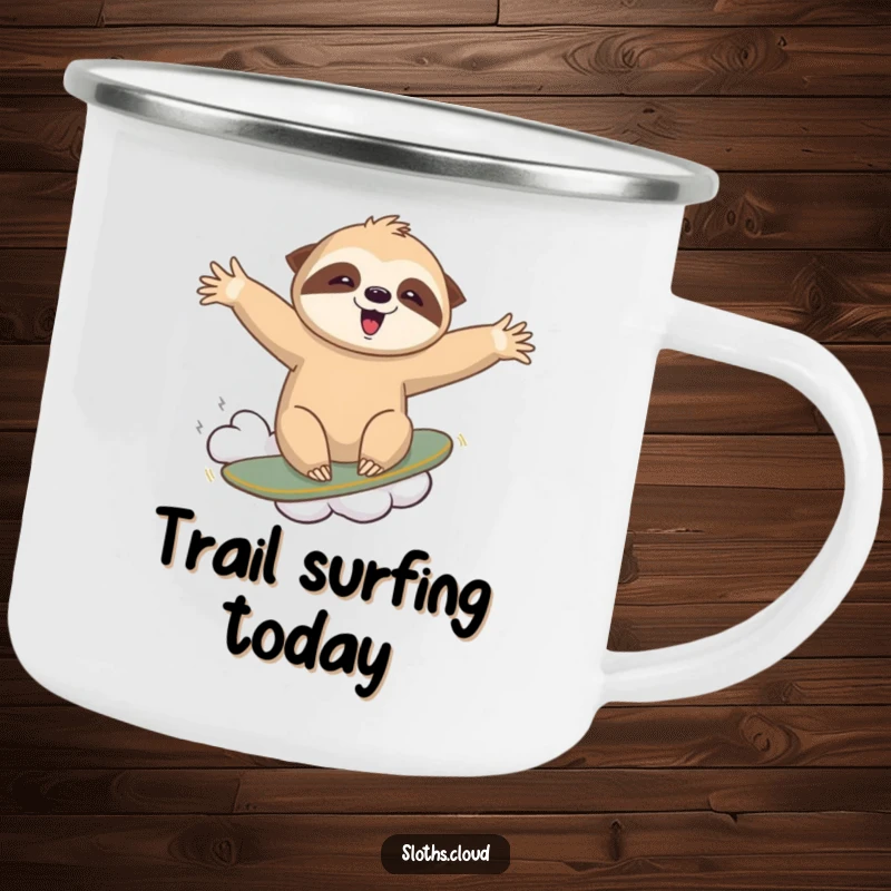 Funny camping mug showing an ecstatic sloth surfing on a wispy cloud, arms outstretched, perfect for adventurous outdoor enthusiasts.