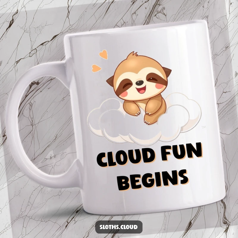 Funny mug featuring a happy, giggling sloth bouncing gently on a fluffy cloud, radiating pure delight.