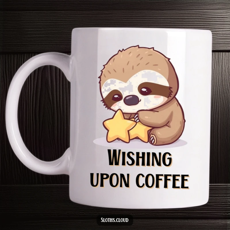 Funny mug showing a sloth gently petting a tiny glowing star with a soft, kind expression, perfect funny gift.
