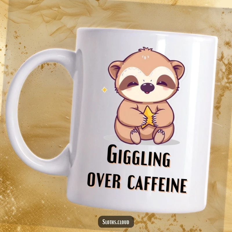 Funny mug featuring a giggling sloth joyfully playing with a small, twinkling star, radiating pure, unadulterated happiness.