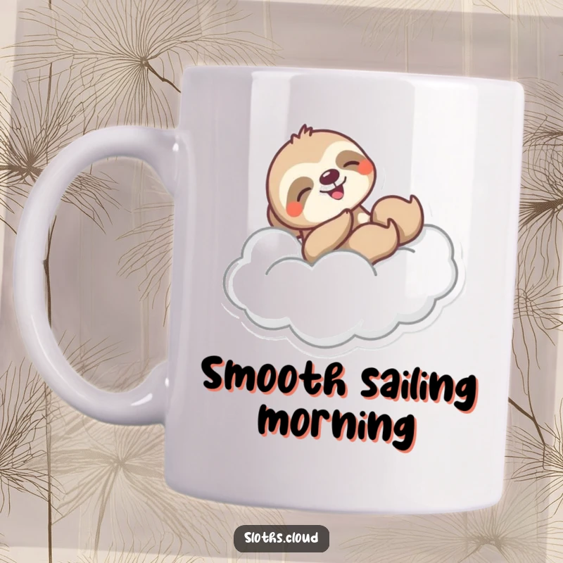 Funny coffee mug showing a sloth joyfully sliding down a wispy cloud in a dynamic swoosh, embodying pure fun.