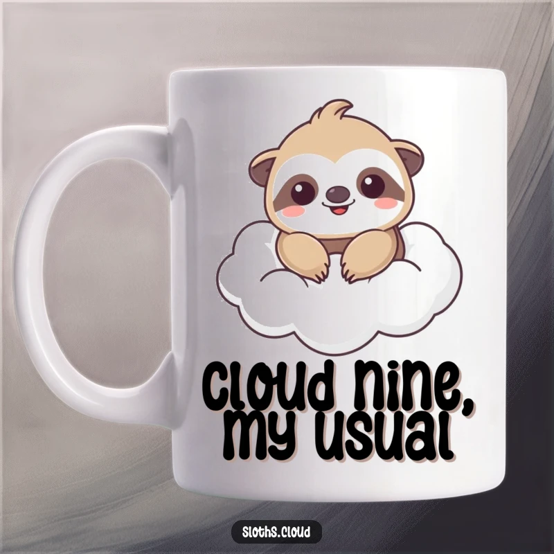 Funny kawaii sloth smiling peacefully while floating on a fluffy white cloud, perfect cute and funny gift.