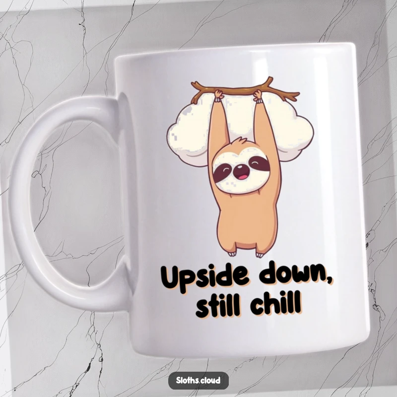 Funny kawaii sloth hanging upside down from a fluffy white cloud, smiling peacefully. Humorous mug.