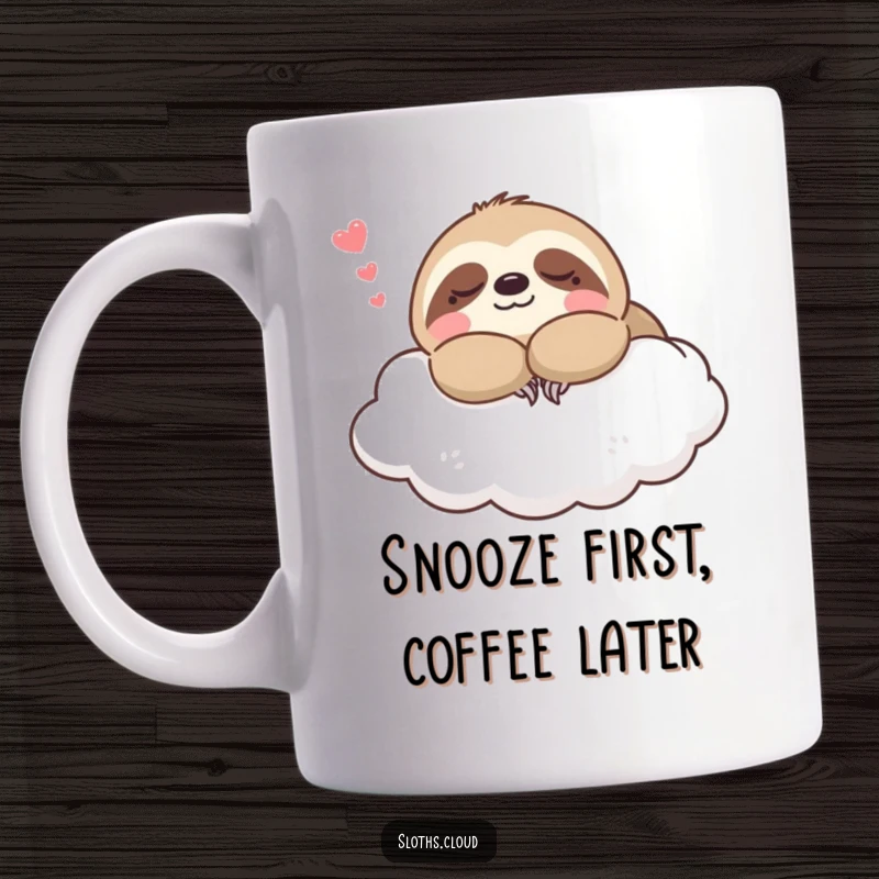 Funny kawaii sloth mug showing a cute sloth blissfully napping on a soft cloud with a contented sigh, embodying peaceful rest.