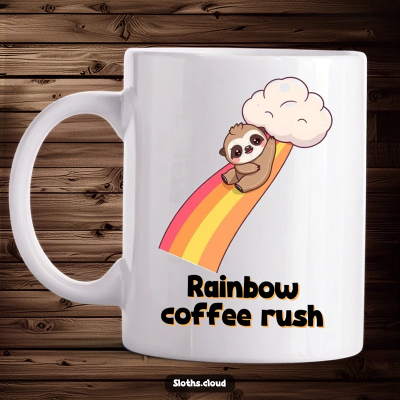 Funny kawaii sloth mug with a cute sloth playfully sliding down a vibrant rainbow from a cloud, embodying fun and adventure.