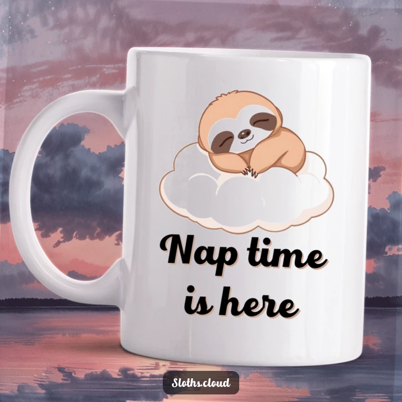 Funny sloth mug, comfortably napping on a pile of soft clouds. A humorous design embodying deep relaxation and peaceful slumber.