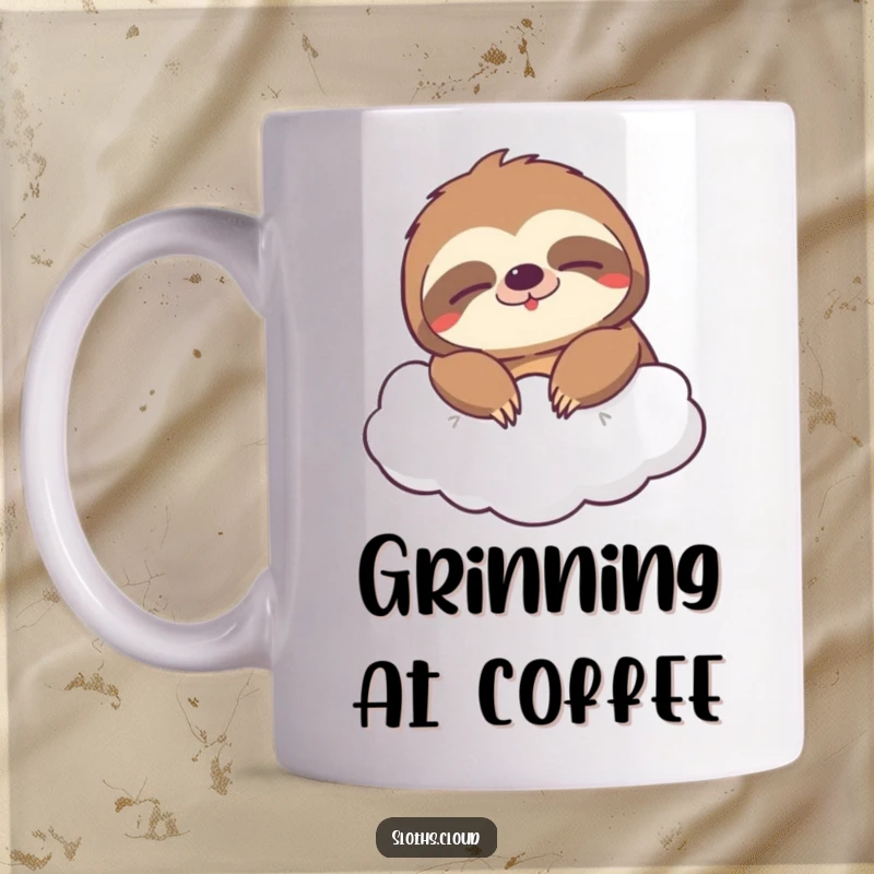 Funny mug featuring a sloth with a wide, contented, sleepy grin drifting peacefully on a fluffy cloud, embodying pure relaxation.