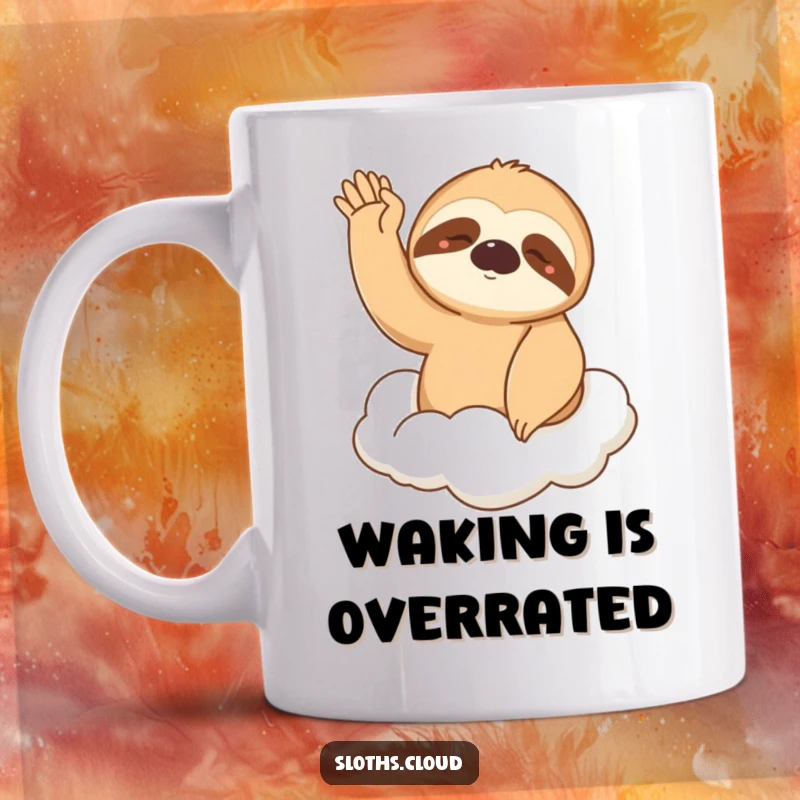 Funny Mug: A sleepy sloth with half-closed eyes gently waves from a soft cloud, radiating calm, humorous morning vibes.