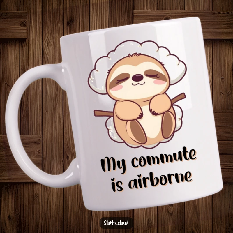 Funny sloth mug with eyes closed, gently carried by a fluffy cloud, embodying peaceful relaxation and a slow, humorous lifestyle.