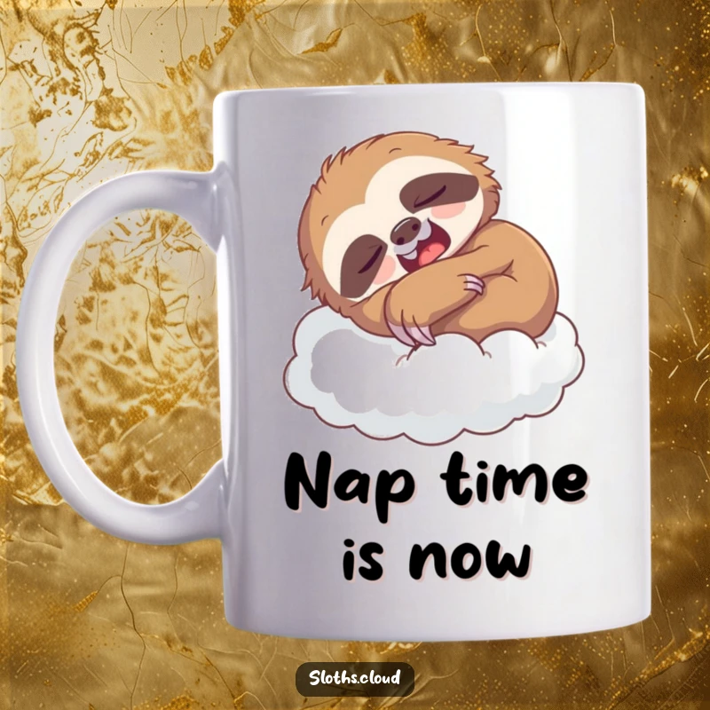 Funny mug depicting a cute, yawning sloth curled up asleep on a soft cloud, conveying extreme relaxation.