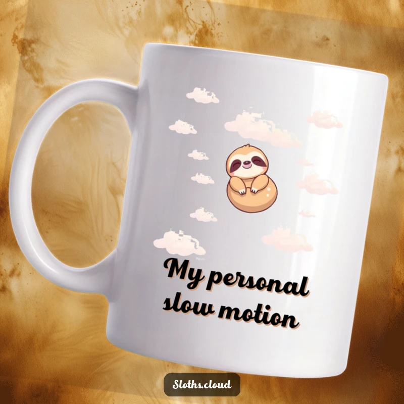 Funny mug with a cute sloth peacefully floating amidst soft, dreamy clouds, embodying ultimate calm and relaxation, a perfect whimsical gift.