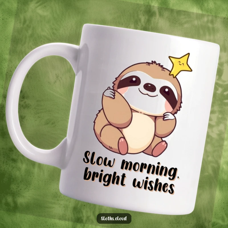 Funny mug with a sloth reaching out to gently touch a sparkling star, symbolizing aspiration, dreams, and slow-paced effort.
