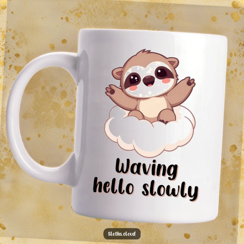 Funny kawaii mug with a happy sloth waving from a fluffy cloud, evoking feelings of joy, peace, and gentle laziness.
