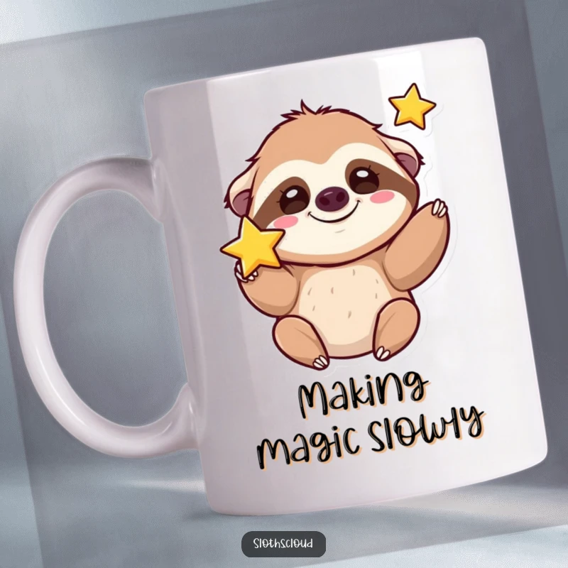 Funny kawaii sloth mug with a cute sloth grinning silly while tossing a star into the air.