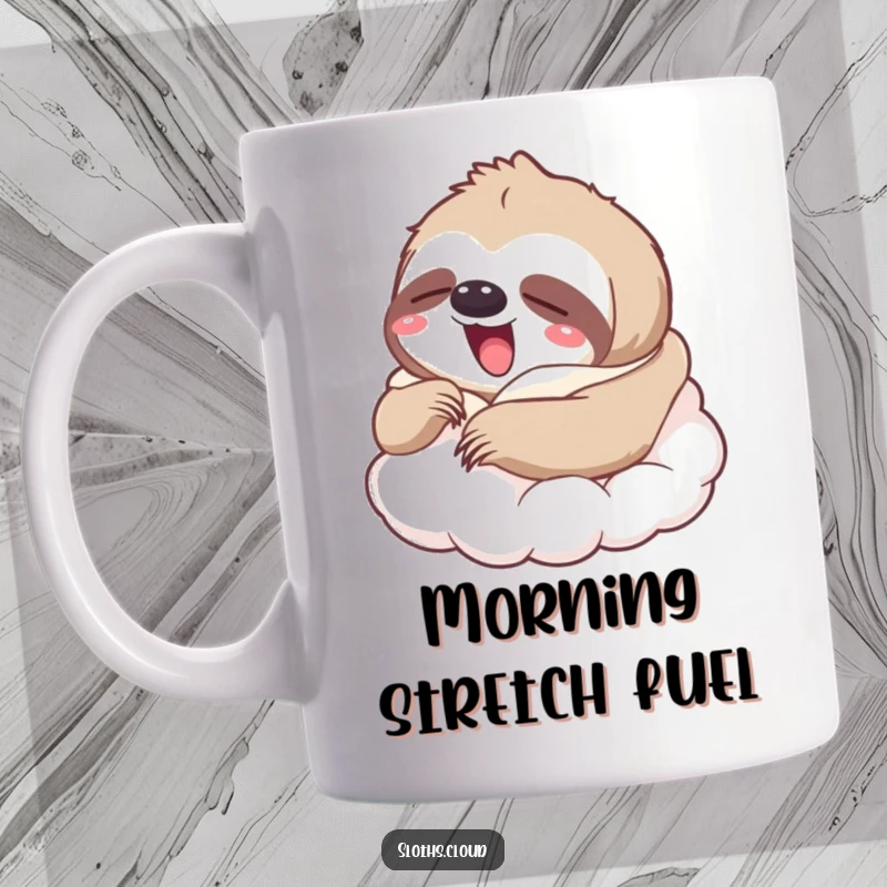 Funny mug with a contentedly yawning sloth wrapped snugly in a soft cloud blanket, perfect funny gift.