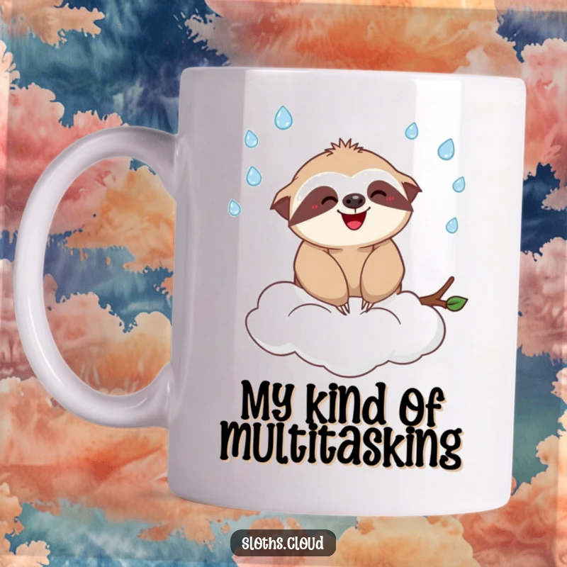 Funny mug featuring a happy sloth artistically juggling tiny raindrops while sitting on a fluffy white cloud, radiating pure bliss.