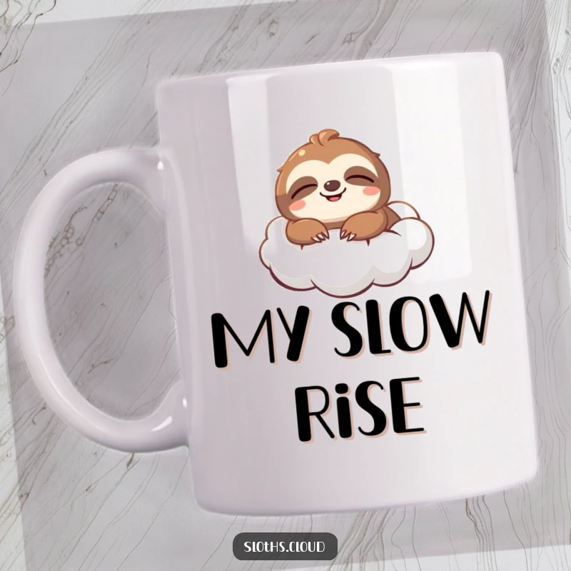 Funny Mug: A blissfully smiling sloth floats peacefully on a soft, fluffy cloud, radiating pure joy and relaxation.