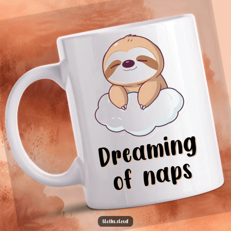 Funny mug with a cute, serene sloth peacefully floating on a cloud with closed eyes, promoting relaxation and humor.