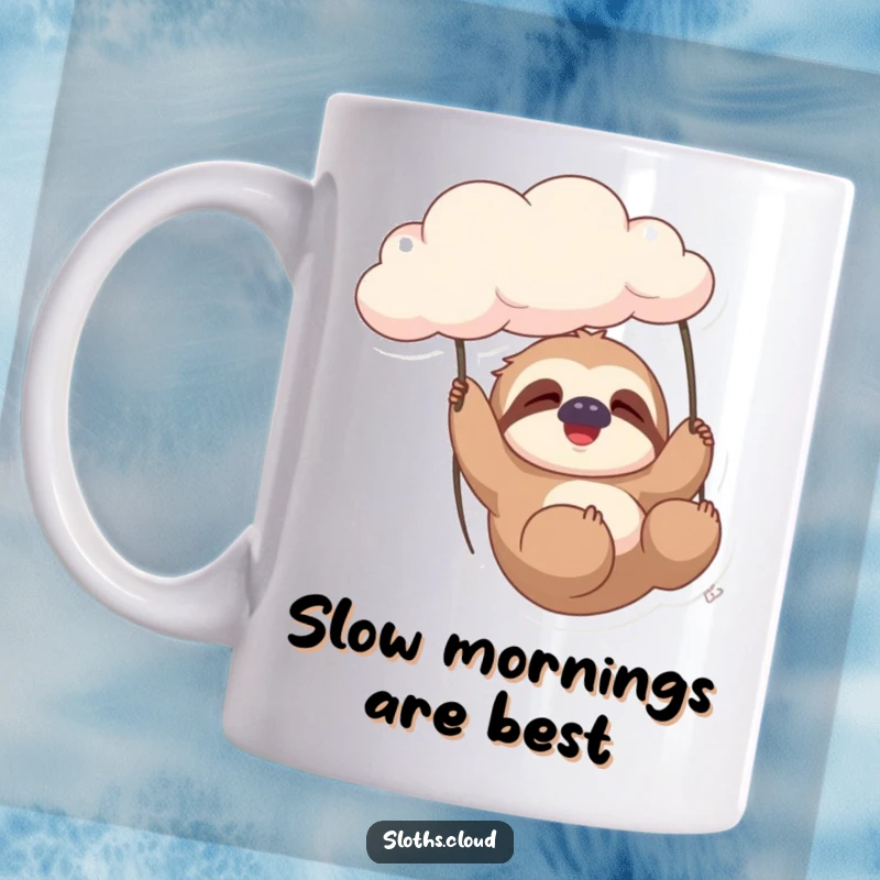Funny sloth character gently swinging from a fluffy cloud, with eyes closed and a contented sigh, on a relaxing mug.