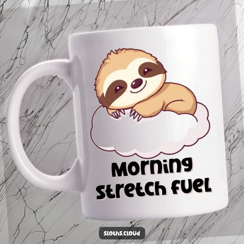 Funny mug featuring a smiling sloth stretching languidly on a fluffy cloud, conveying happiness and relaxation and humor.