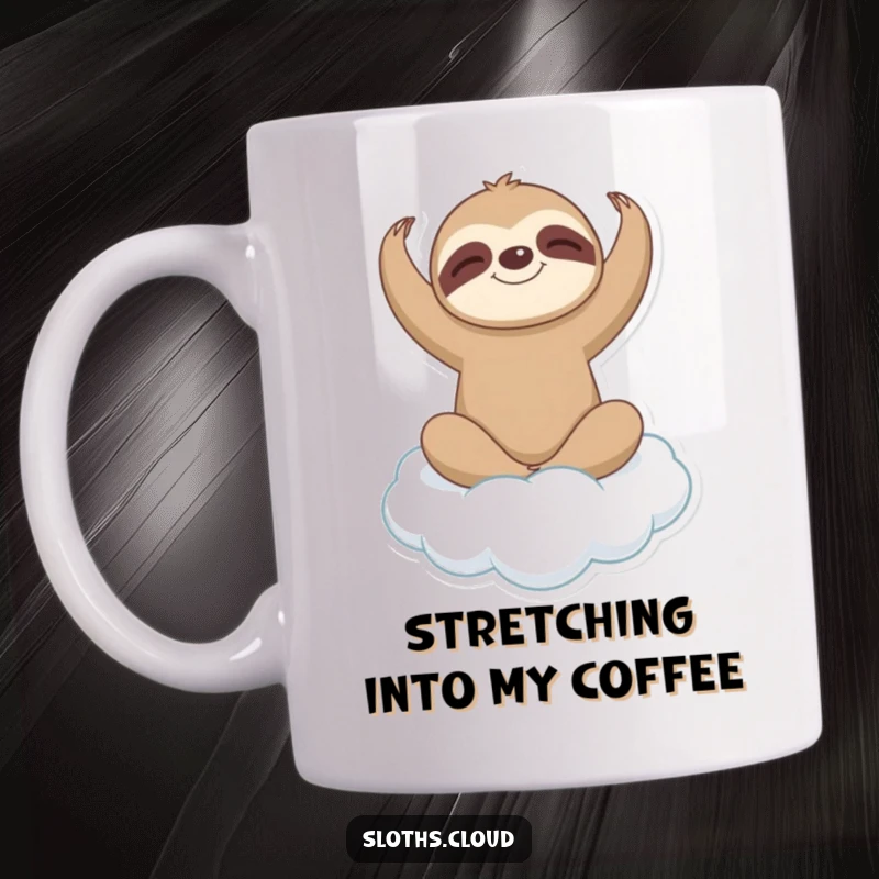 Funny sloth character in a gentle yoga pose on a soft cloud, looking peaceful and balanced, on a relaxing mug.