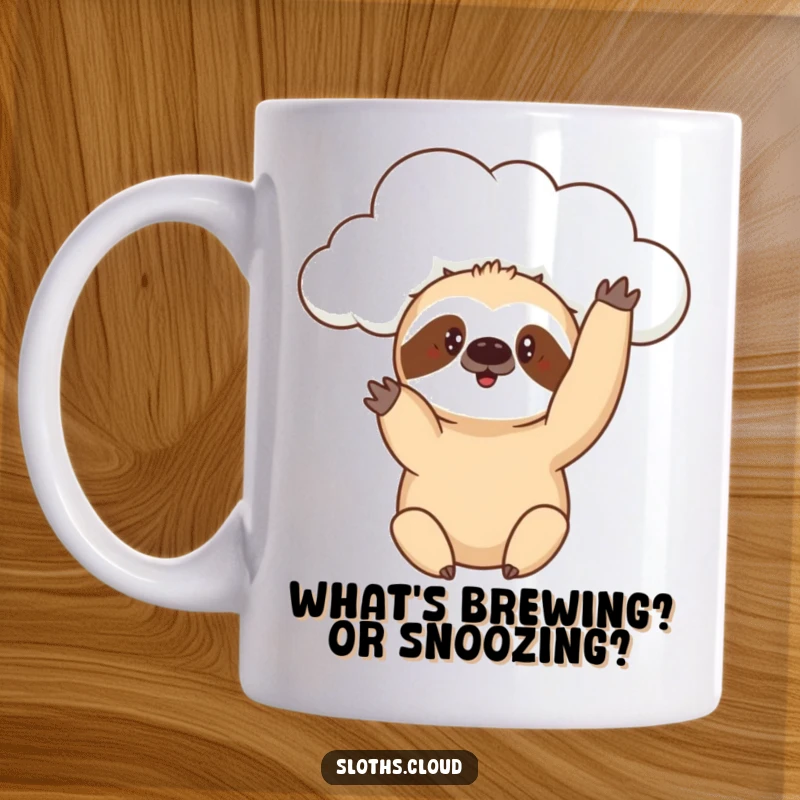 Funny mug featuring a sloth peeking from a cloud, reaching out a paw with a curious expression, inviting interaction and fun.