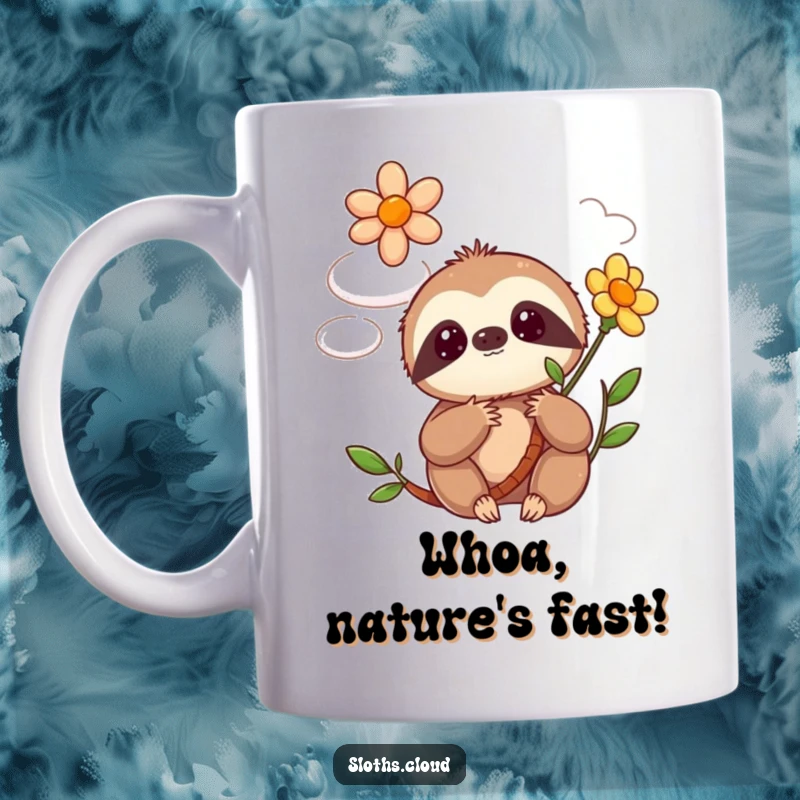 Funny kawaii sloth mug featuring a cute sloth looking utterly surprised by a flower blooming instantly from a fluffy cloud above.