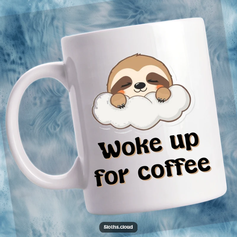 Funny mug featuring a sleepy sloth peeking from behind a cloud, eyes half-closed, embodying pure, gentle morning relaxation.