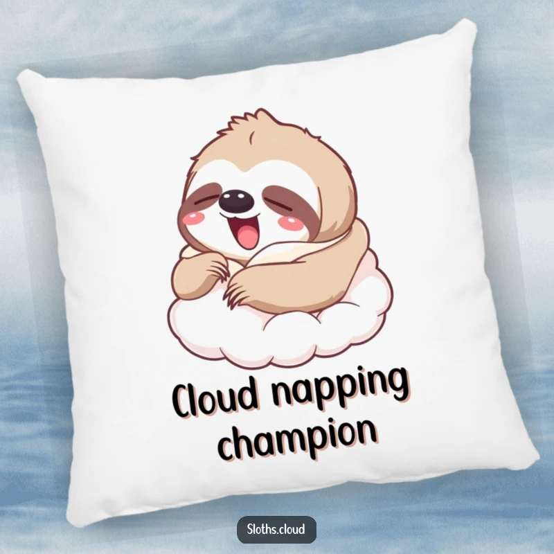 Funny pillow with a yawning sloth contentedly wrapped in a soft cloud blanket, ideal funny gift.