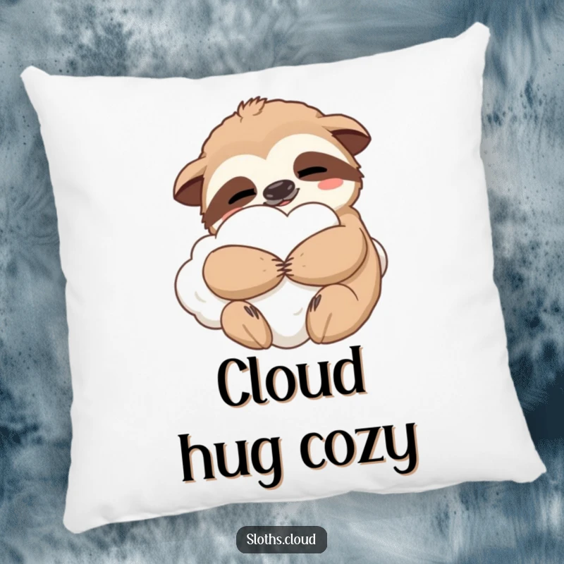 Funny pillow with a contented sloth hugging a fluffy cloud, offering comfort and a touch of humorous bliss for home decor.