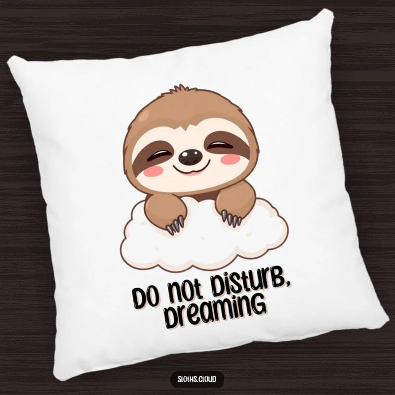 Funny pillow featuring a cute sloth peeking over a cloud with a sleepy grin, offering comfort and a dose of lighthearted humor.