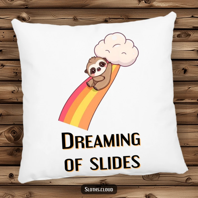 Funny kawaii sloth pillow with a cute sloth sliding down a rainbow from a cloud, providing comfort and a sense of playful joy.