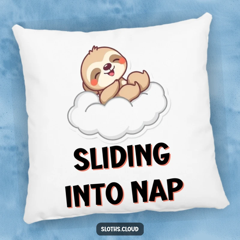 Funny decorative pillow with a sloth joyfully sliding down a fluffy cloud, adding a humorous and exhilarating element to sofas and beds.
