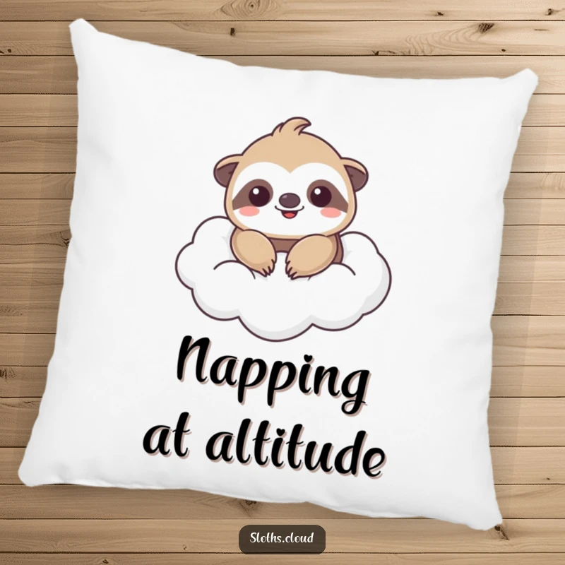 Funny pillow featuring a happy kawaii sloth floating on a fluffy cloud, ideal funny gift for relaxation.