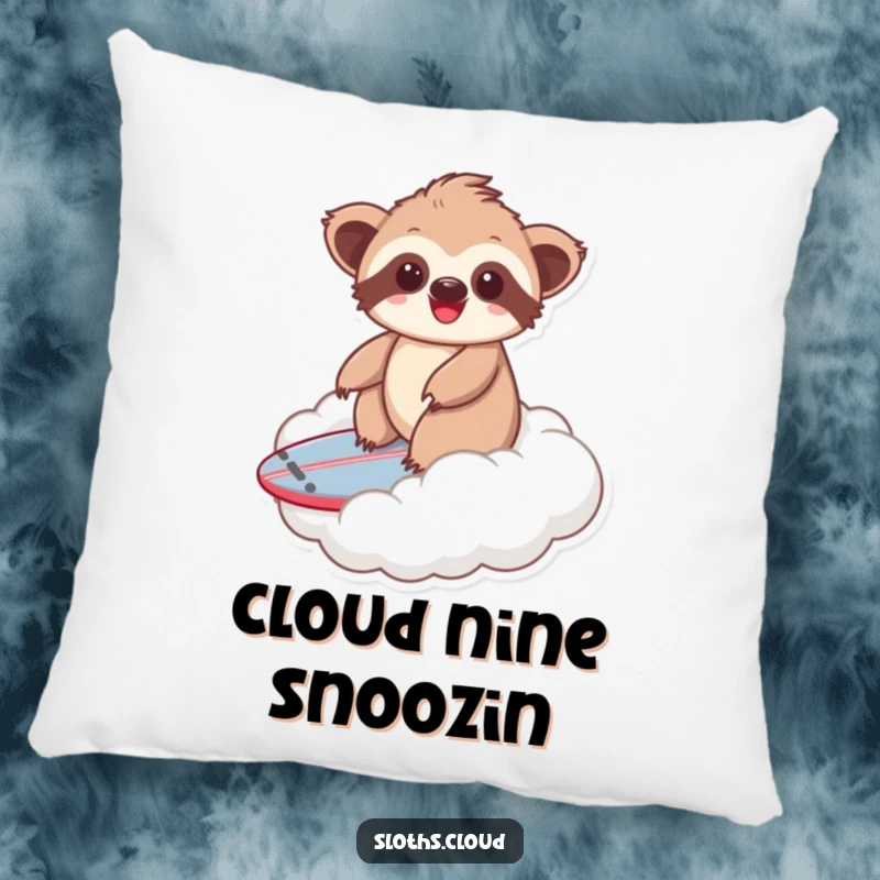 Funny kawaii sloth pillow with a cute sloth riding a cloud surfboard, providing comfort and cheerful decor.