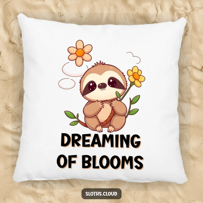 Funny kawaii sloth pillow showing a cute sloth in delightful surprise as a flower blooms from a soft cloud, perfect for lounging.