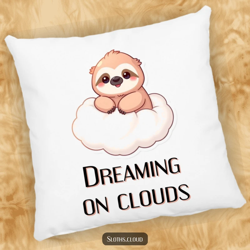 Funny pillow featuring a kawaii sloth smiling serenely, floating on a cloud, ideal for adding charm to sofas.