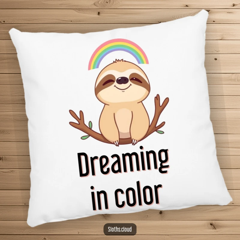 Funny decorative pillow with a smiling sloth peacefully watching a small rainbow, bringing a humorous and calming element to furniture.