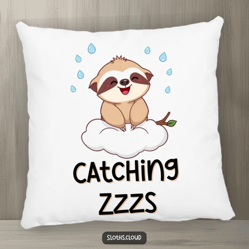 Funny pillow showcasing a contented sloth balancing on a cloud, playfully juggling miniature raindrops, adding a touch of whimsy to any room.