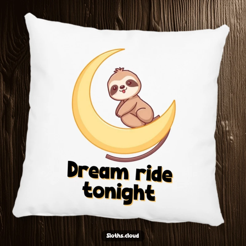 Funny pillow showcasing a sloth gently riding a crescent moon like a slow roller coaster, offering cozy comfort and cosmic humor.