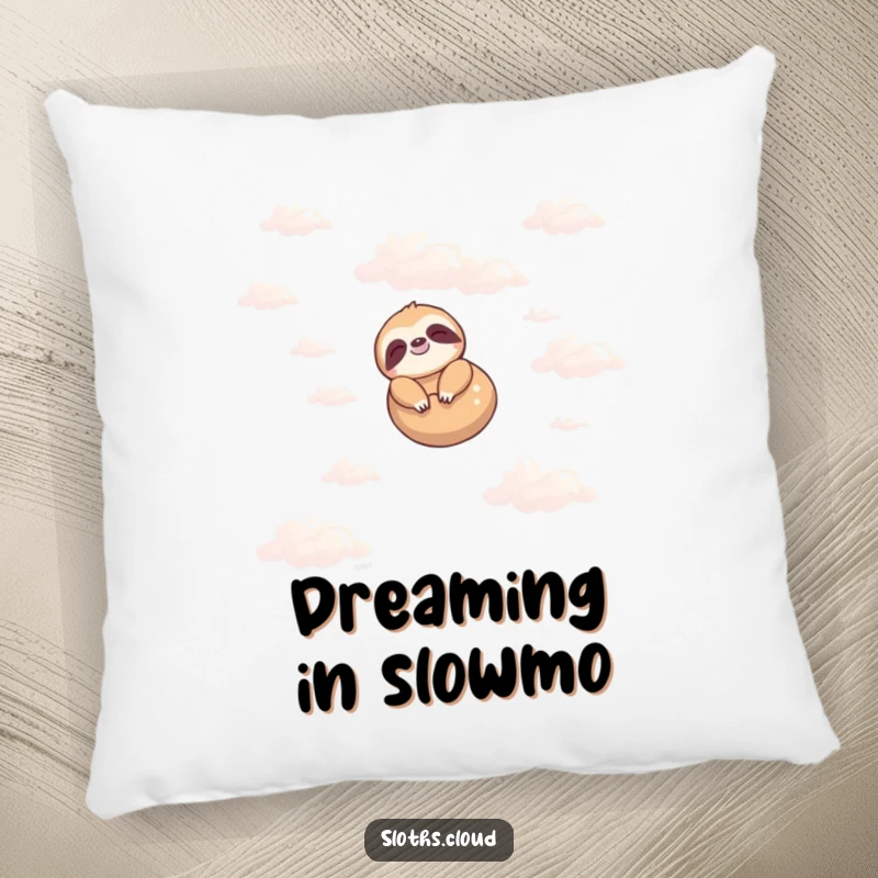 Funny pillow designed with a calm sloth floating peacefully in a sky full of gentle clouds, offering comfort and a humorous, serene aesthetic.