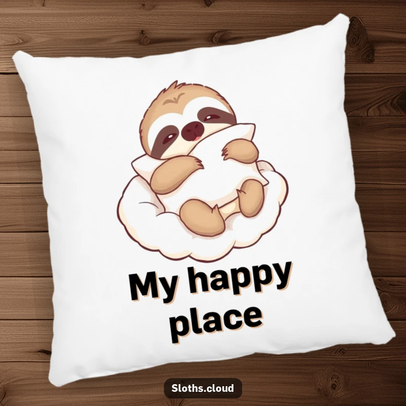 Funny decorative pillow showcasing a lazy sloth holding a fluffy pillow, lounging on a cloud, perfect for ultimate comfort.